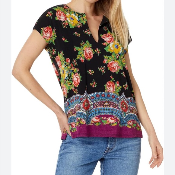 Johnny Was Black & Vibrant Floral V-Neck Blouse - Picture 8 of 8